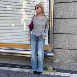 Washed wide-leg long denim pants