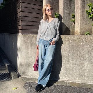 Washed wide-leg long denim pants