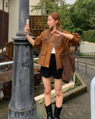 Leather color-point suede jacket