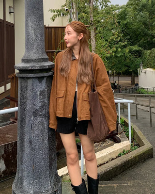 Leather color-point suede jacket