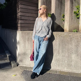 Washed wide-leg long denim pants
