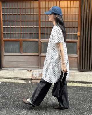 Dot pattern shirred short-sleeved dress