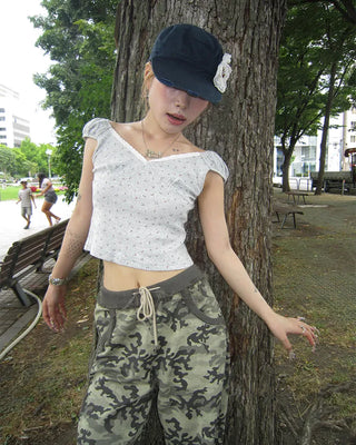 Mini Flower Cap Sleeve Semi-Cropped Top