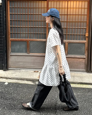 Dot pattern shirred short-sleeved dress