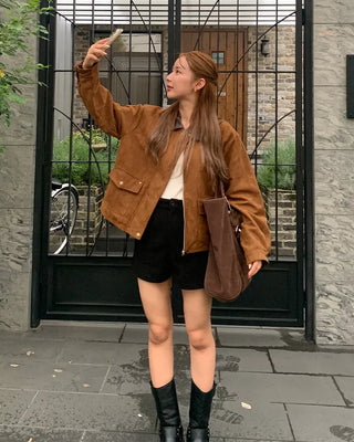 Leather color-point suede jacket