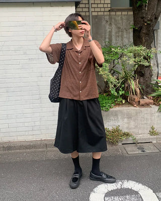 Knit collar button short-sleeved shirt