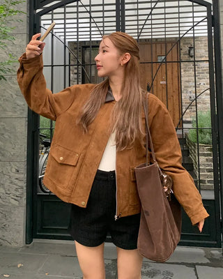 Leather color-point suede jacket