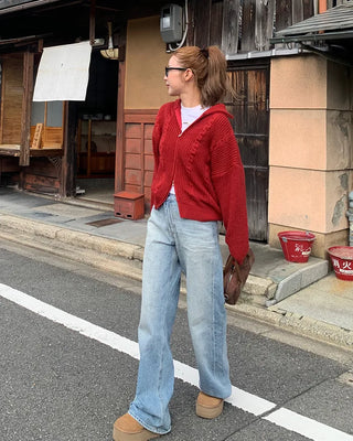 Cable knit high neck half-zip sweater