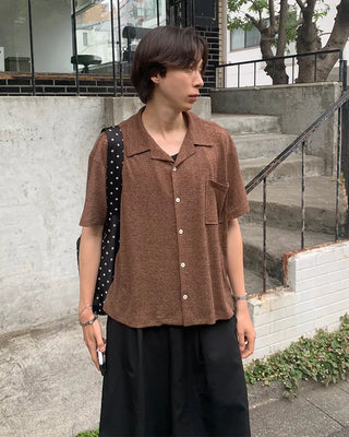 Knit collar button short-sleeved shirt
