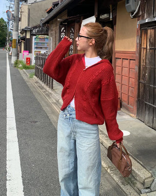 Cable knit high neck half-zip sweater