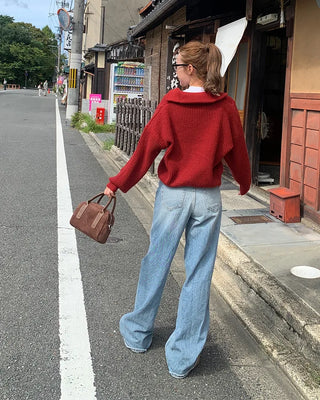 Cable knit high neck half-zip sweater