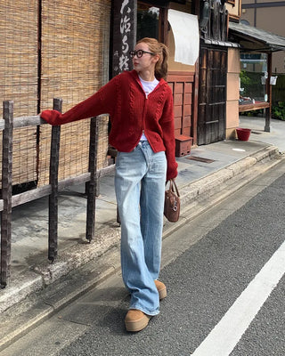 Cable knit high neck half-zip sweater