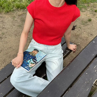 Heart Button Cap Sleeve Knit