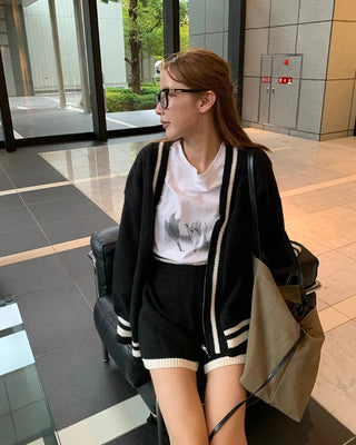Two-tone cardigan and shorts set