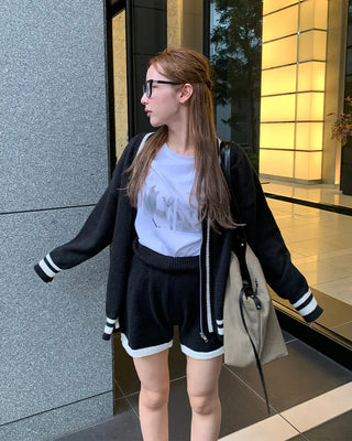 Two-tone cardigan and shorts set