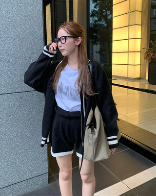 Two-tone cardigan and shorts set