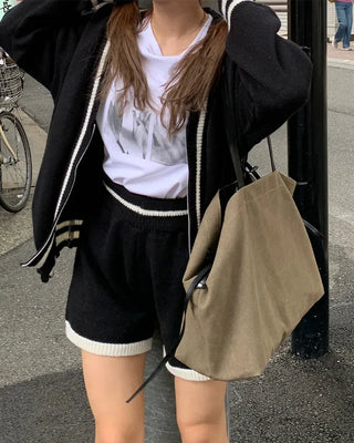Two-tone cardigan and shorts set
