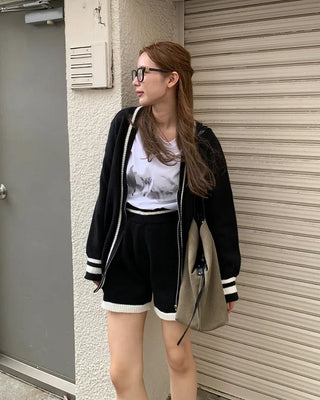 Two-tone cardigan and shorts set
