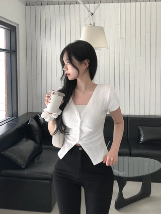 Slim Tie Short-Sleeve Cardigan Set