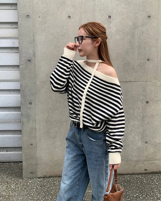 Tie-set off-shoulder striped knit