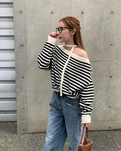 Tie-set off-shoulder striped knit