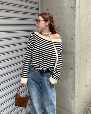 Tie-set off-shoulder striped knit