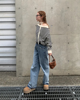 Tie-set off-shoulder striped knit