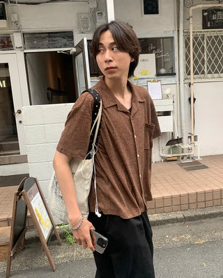Knit collar button short-sleeved shirt