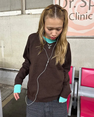 (Unisex) V-neck raglan high-gauge knit