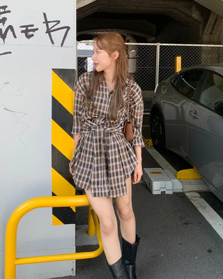 Waist-string check long shirt