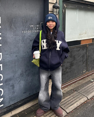 (Unisex) NY Unique Big Patch Zip-Up Hooded Parka