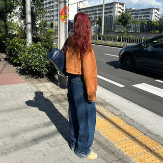 Wide-leg denim pants with elastic waistband