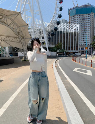 Summer distressed boat neck cropped knit (5 colors)
