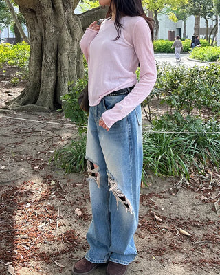 Round neck roll-up hem sheer knit