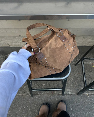 Double Studded Vintage Leather Tote Bag