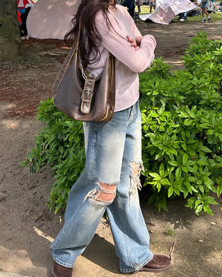Vintage distressed wide-leg denim pants