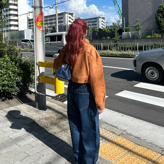 Wide-leg denim pants with elastic waistband