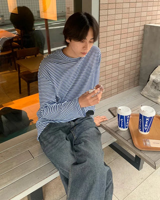 Striped round neck long-sleeved T-shirt