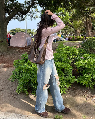 Vintage distressed wide-leg denim pants