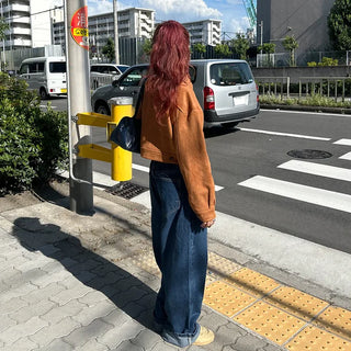 Wide-leg denim pants with elastic waistband
