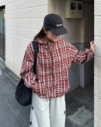 (Unisex) 2-Way Check Hooded Windbreaker