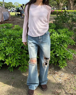 Round neck roll-up hem sheer knit