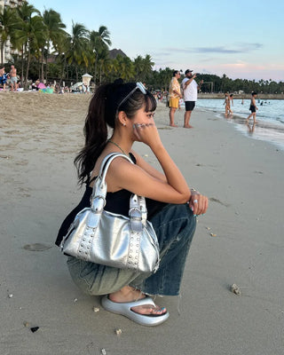Studded belt leather tote bag