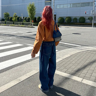 Wide-leg denim pants with elastic waistband