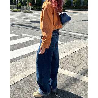 Wide-leg denim pants with elastic waistband