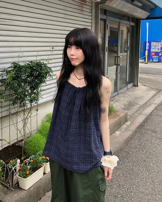 Checked shirred sleeveless blouse