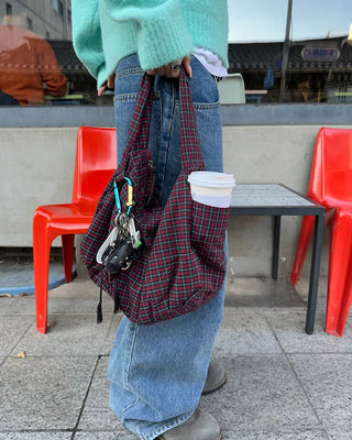 Tartan check one-shoulder hobo bag