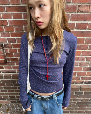 Flower Henley Neck Pointelle Long T-Shirt