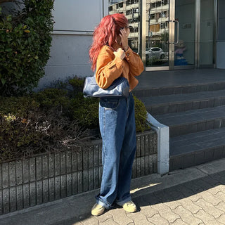 Wide-leg denim pants with elastic waistband