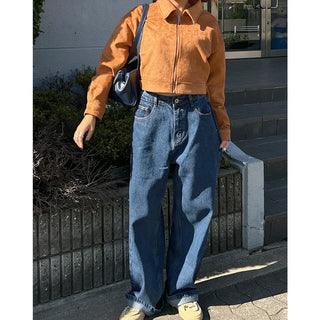 Wide-leg denim pants with elastic waistband